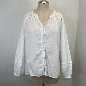Beach Lunch Lounge White Peasant Cotton Shirt Size XS made in India, ruffle neck
